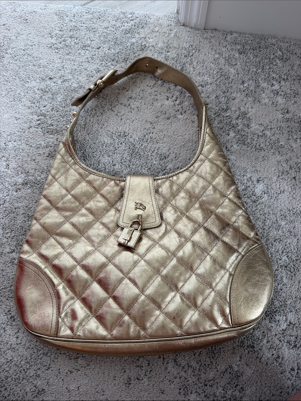 Burberry Quilted Metallic Gold Shoulder Bag with Padlock Detail